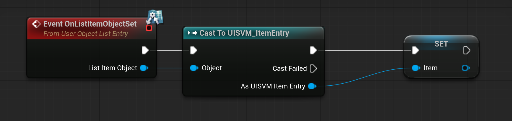The tile’s graph: On List Item Object Set, cast to UISVM_ItemEntry, then set the Item ViewModel