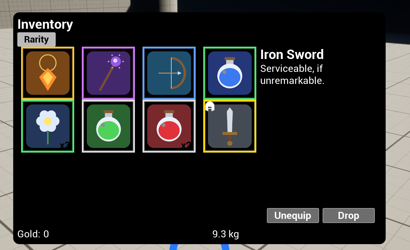 An equippable item selected with the button reading Unequip, and the equipped badge showing on its tile