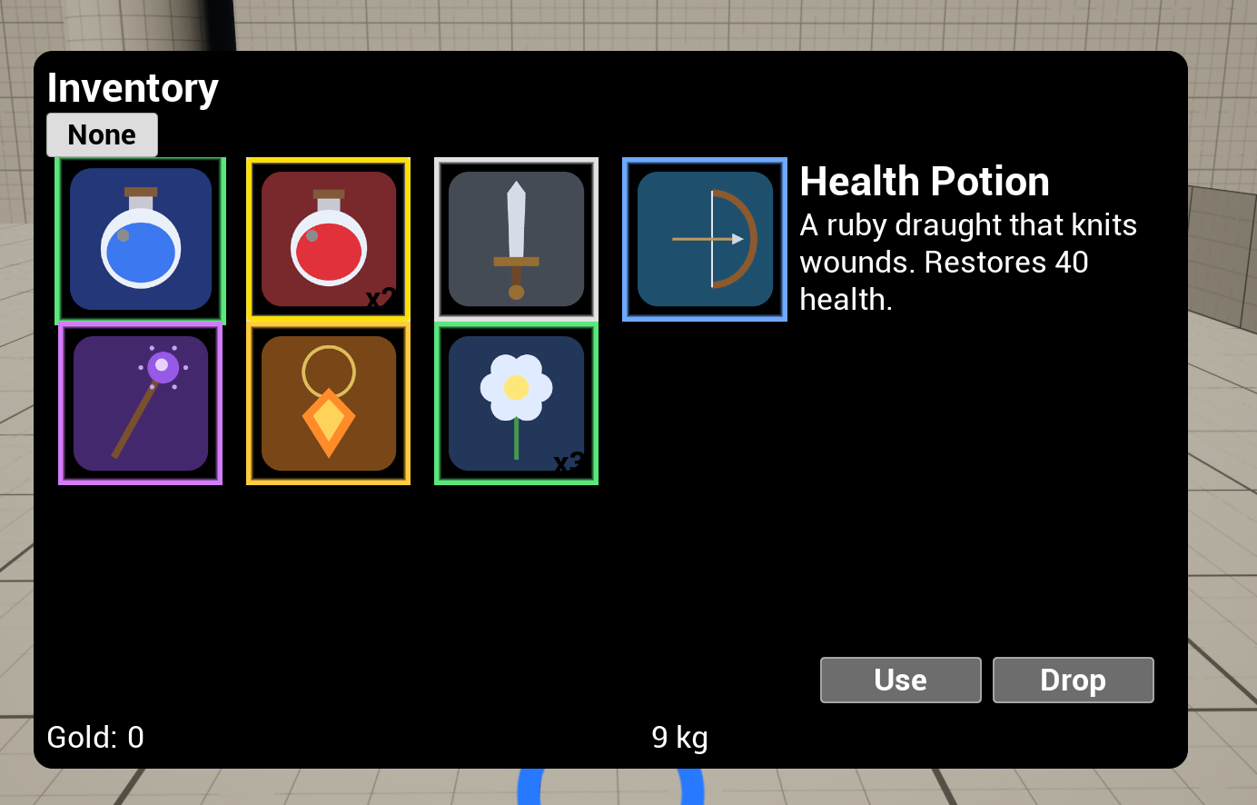 The finished inventory screen: a grid of item tiles with rarity glows, a details panel for the selected item, and Use, Drop and Sort buttons