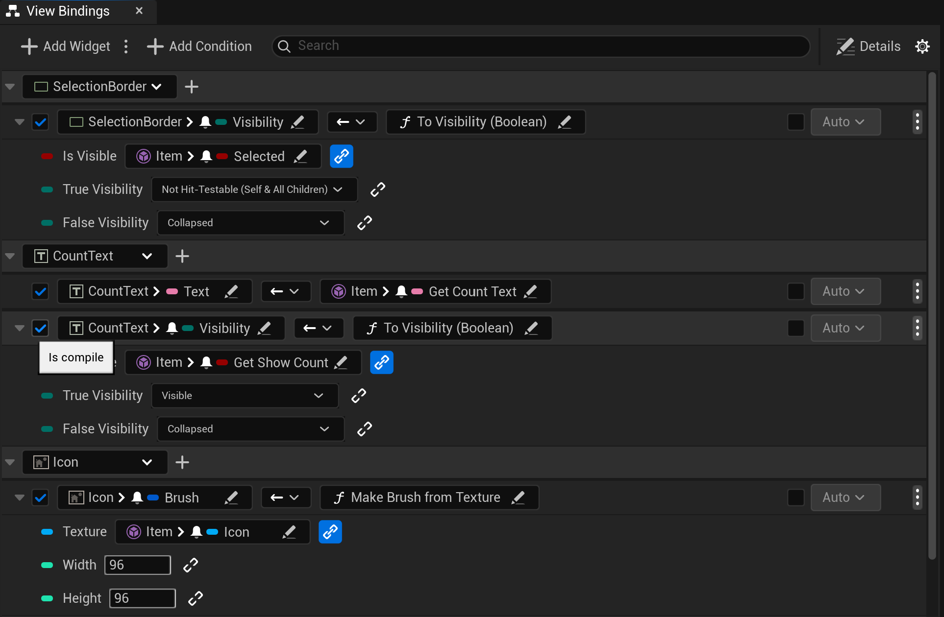 The View Bindings window for WBP_ItemEntry, with rows for SelectionBorder, CountText, Icon