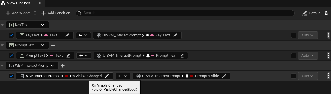 A View Binding using a bool-to-Visibility conversion function on the interact prompt