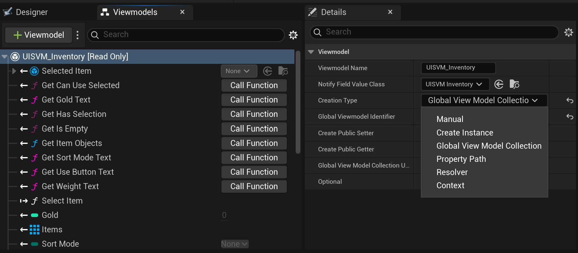 The Creation Type dropdown in the Viewmodels panel, showing all five options