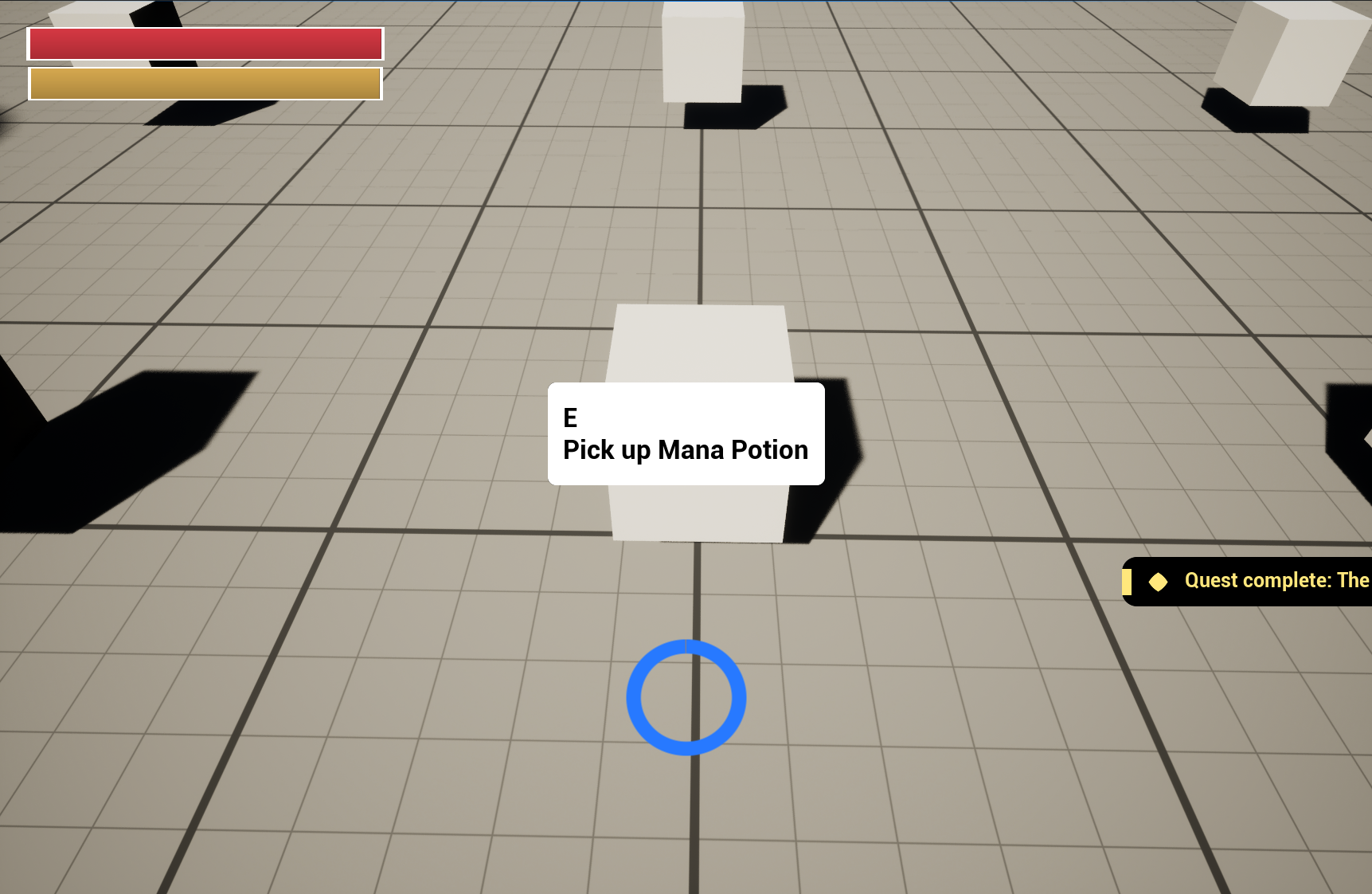 The UISandbox HUD in play: stat bars bottom-left, an interact prompt and a pickup toast