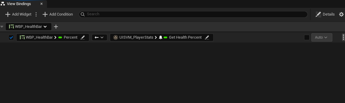 The View Bindings window for WBP_HealthBar, binding GetHealthPercent to the bar&rsquo;s Percent