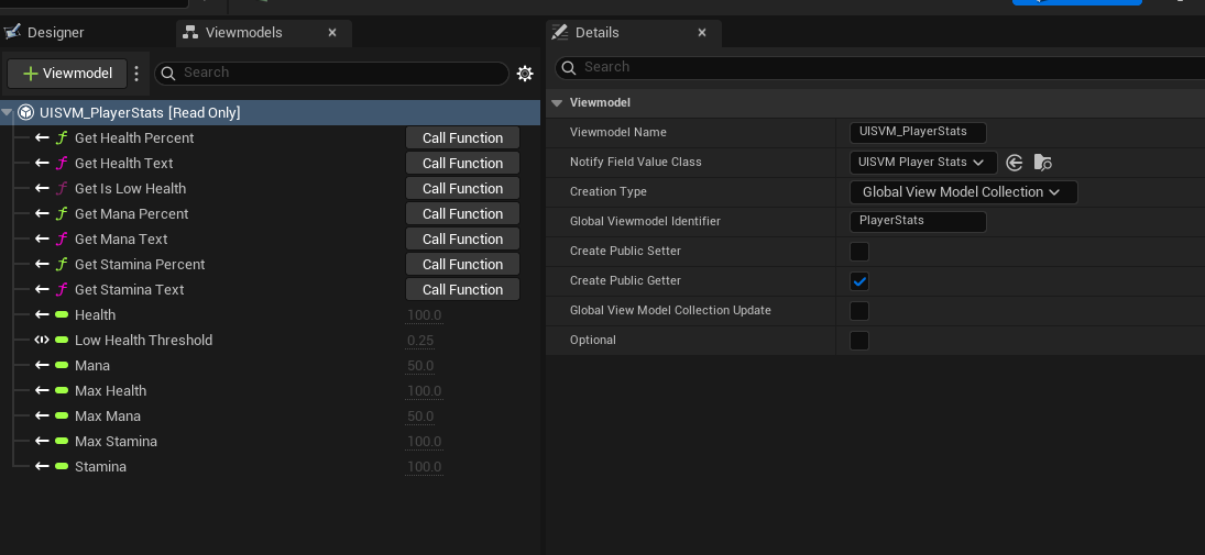 The Viewmodels panel in WBP_HealthBar with UISVM_PlayerStats set to Global Viewmodel Collection, name PlayerStats